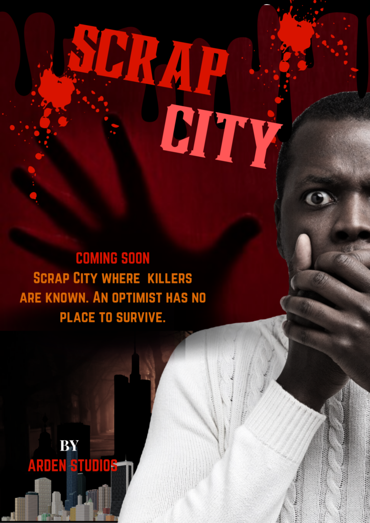 Horror movie poster for 'Scrap City' featuring a terrified man in a dimly lit alley, holding his hands to his mouth in shock. His wide eyes stare forward, and shadows fall dramatically across his face. The background shows a gritty, abandoned urban setting with broken signs and flickering lights. The title 'SCRAP CITY' is in bold, jagged red letters with a grunge texture, and eerie smoke curls around the edges. Tagline and release date appear near the bottom.