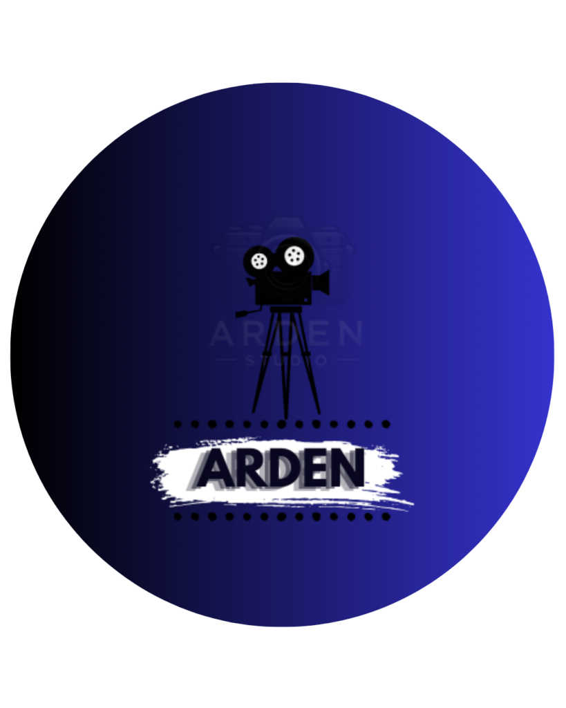 Arden Studio logo featuring a sleek standing camera icon centered on a black to deep blue gradient background. The camera is stylized in light tones to stand out against the dark backdrop. Below the camera, the text 'Arden Studio' appears in a clean, modern font, also in a light color such as white or silver, creating a sharp contrast and professional visual appeal