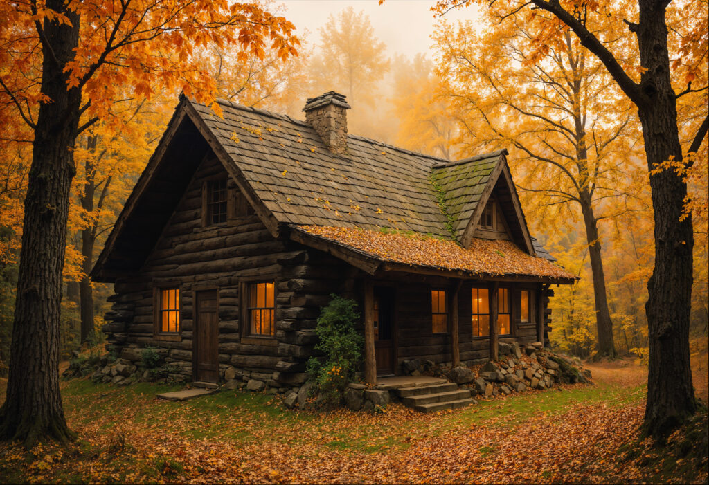 Scenic background image for the About section showing a cozy wood cabin nestled among tall green trees. The cabin has a rustic charm with natural wood textures, surrounded by a peaceful forest setting. Sunlight filters through the leaves, casting a warm, inviting glow over the scene.