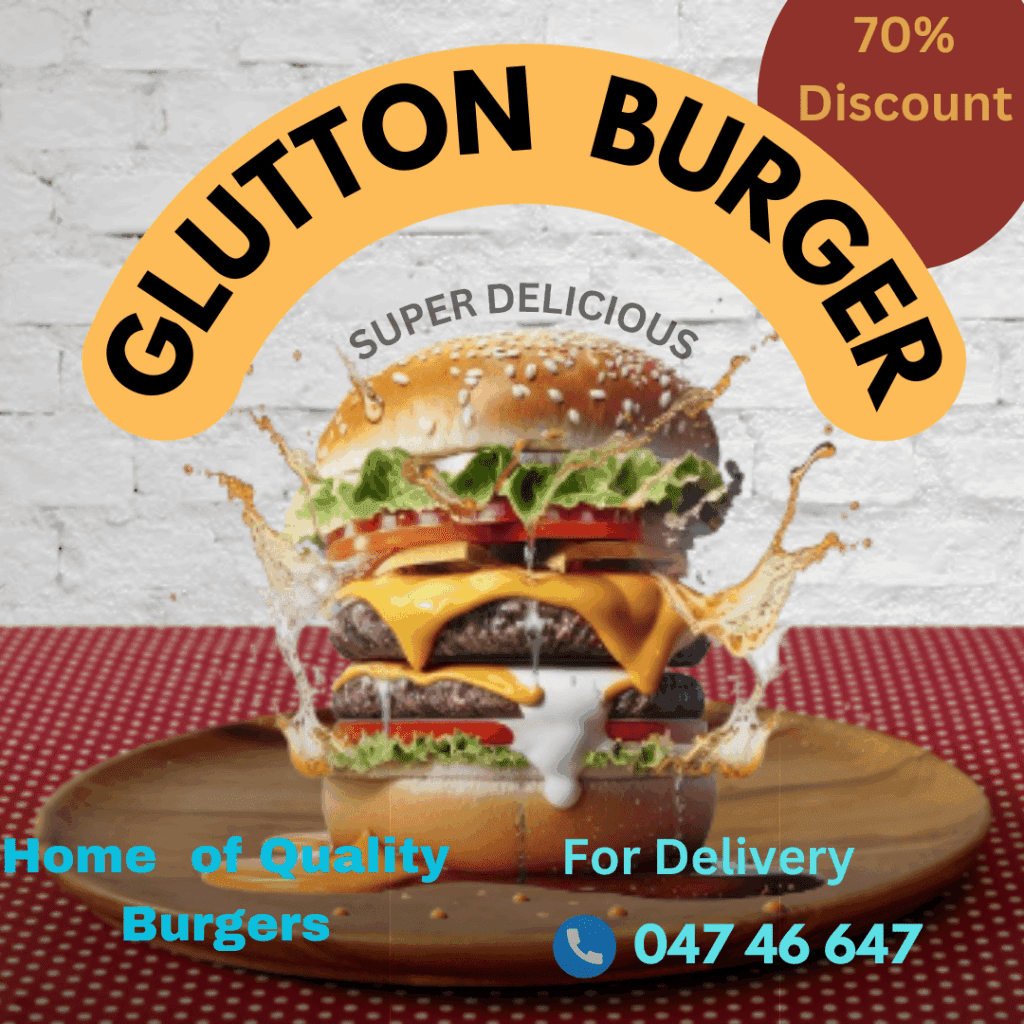 Colorful burger flyer featuring a juicy cheeseburger with lettuce, tomato, onions, and melted cheese in a sesame seed bun, placed at the center. Bold text at the top reads 'Delicious Burger Deal!' with smaller text below offering a discount or combo price. The background has warm tones of red and yellow to evoke hunger, and there's a logo and contact info at the bottom.