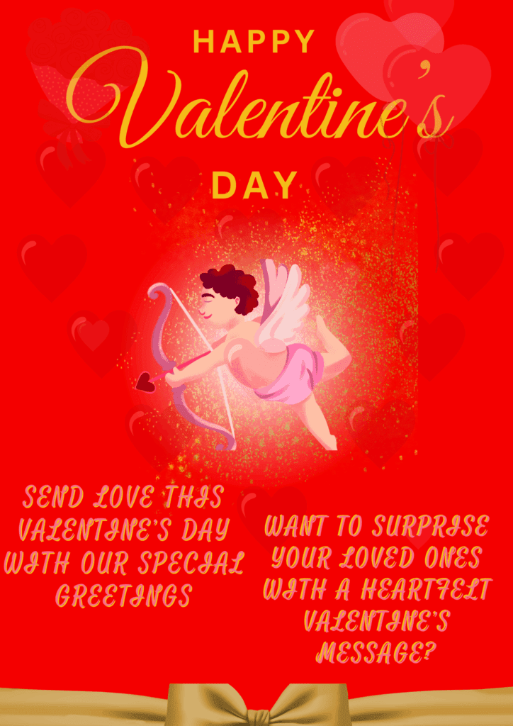 Romantic Valentine’s Day flyer with a soft pink and red theme, featuring an illustration of Cupid in the center aiming his bow and arrow. Hearts float around him, and elegant script text reads 'Celebrate Love This Valentine’s Day.' Roses and sparkles decorate the background, and event details like date, time, and location appear at the bottom in stylish fonts.